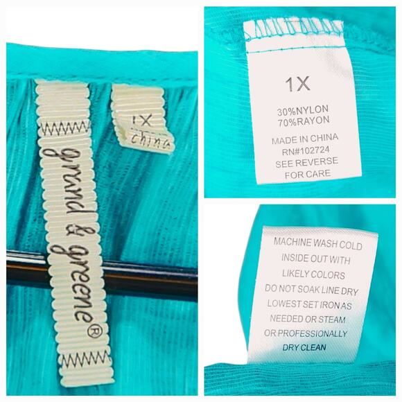 grand & greene Top sz 1X Women Aqua Blue Pink Peasant Boho Fairy Balloon Sleeves - Picture 8 of 14